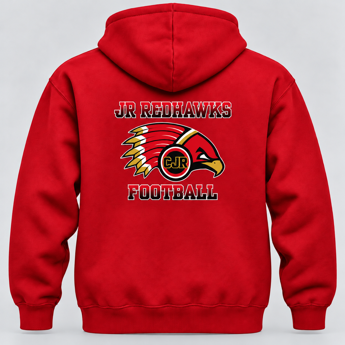 Back of red CJR hoodie with Jr. Redhawks hawk logo and Football lettering