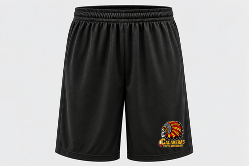 Black Calaveras Youth Wrestling shorts with skull headdress and team lettering near hem