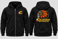 Front and back of black CYW zip-up hoodie with chest logo and Calaveras Youth Wrestling skull headdress back design