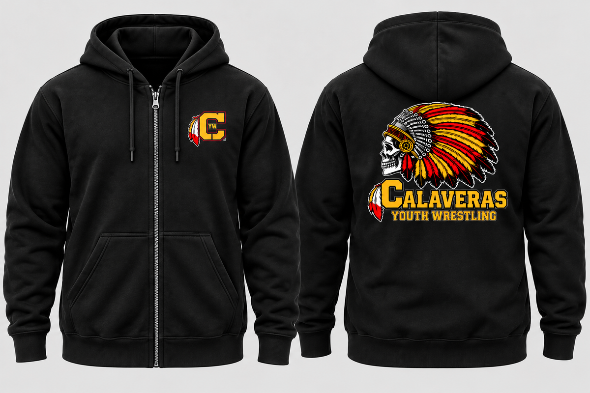 Front and back of black CYW zip-up hoodie with chest logo and Calaveras Youth Wrestling skull headdress back design
