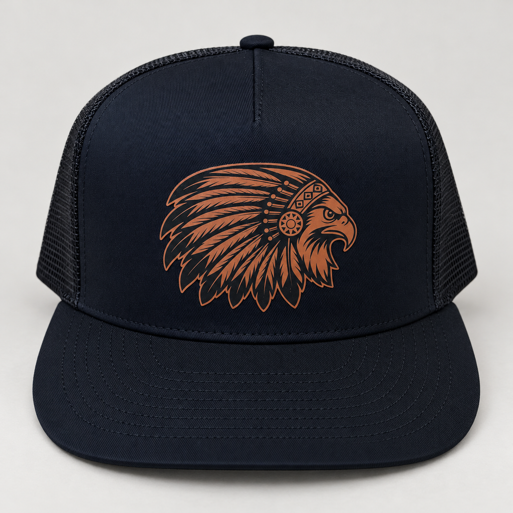 Brown leather feathered hawk patch on a dark trucker hat