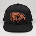 CJR brown leather hawk logo patch on a dark trucker hat