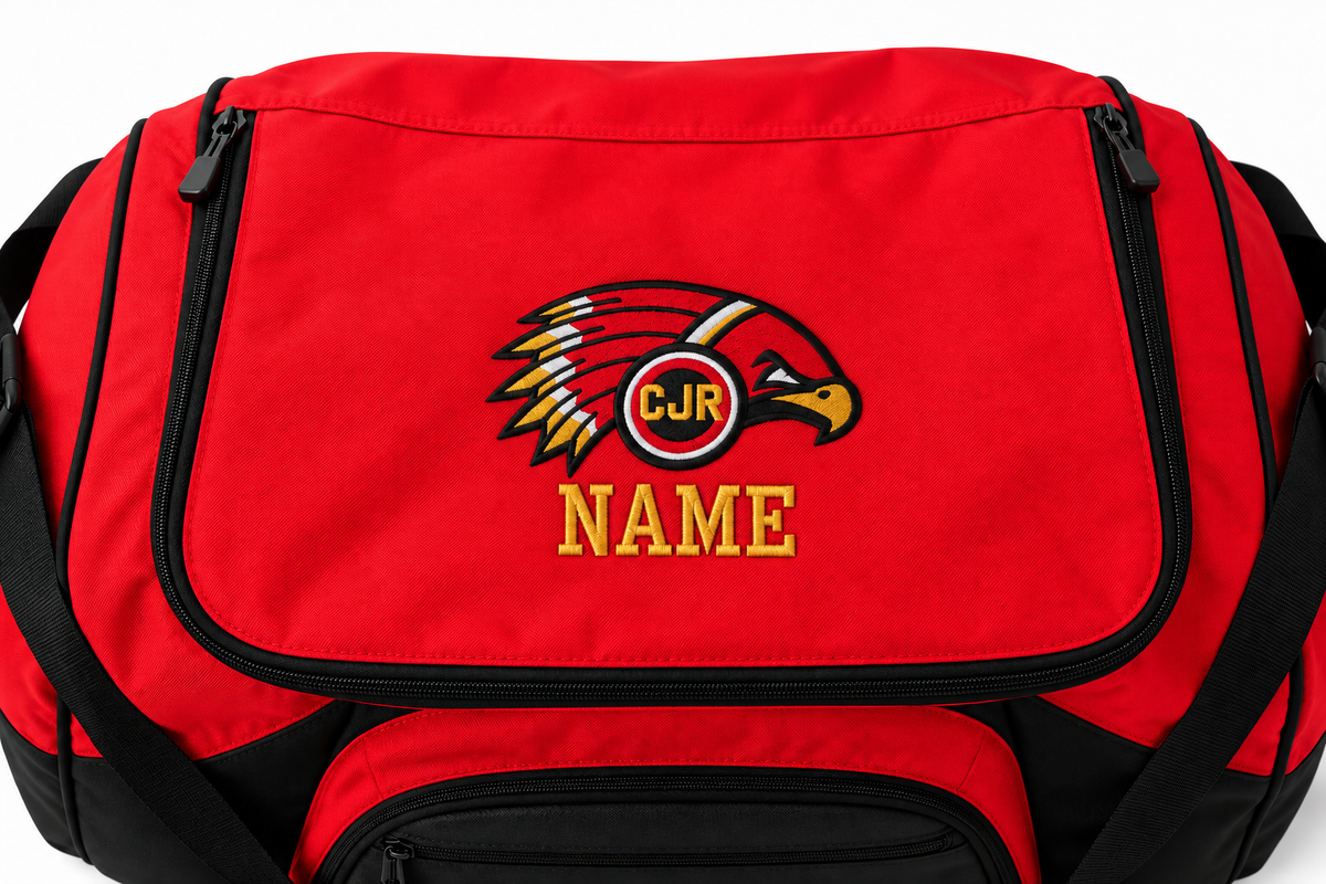Red and black CJR gear bag mockup with Redhawks logo and NAME personalization on the top flap