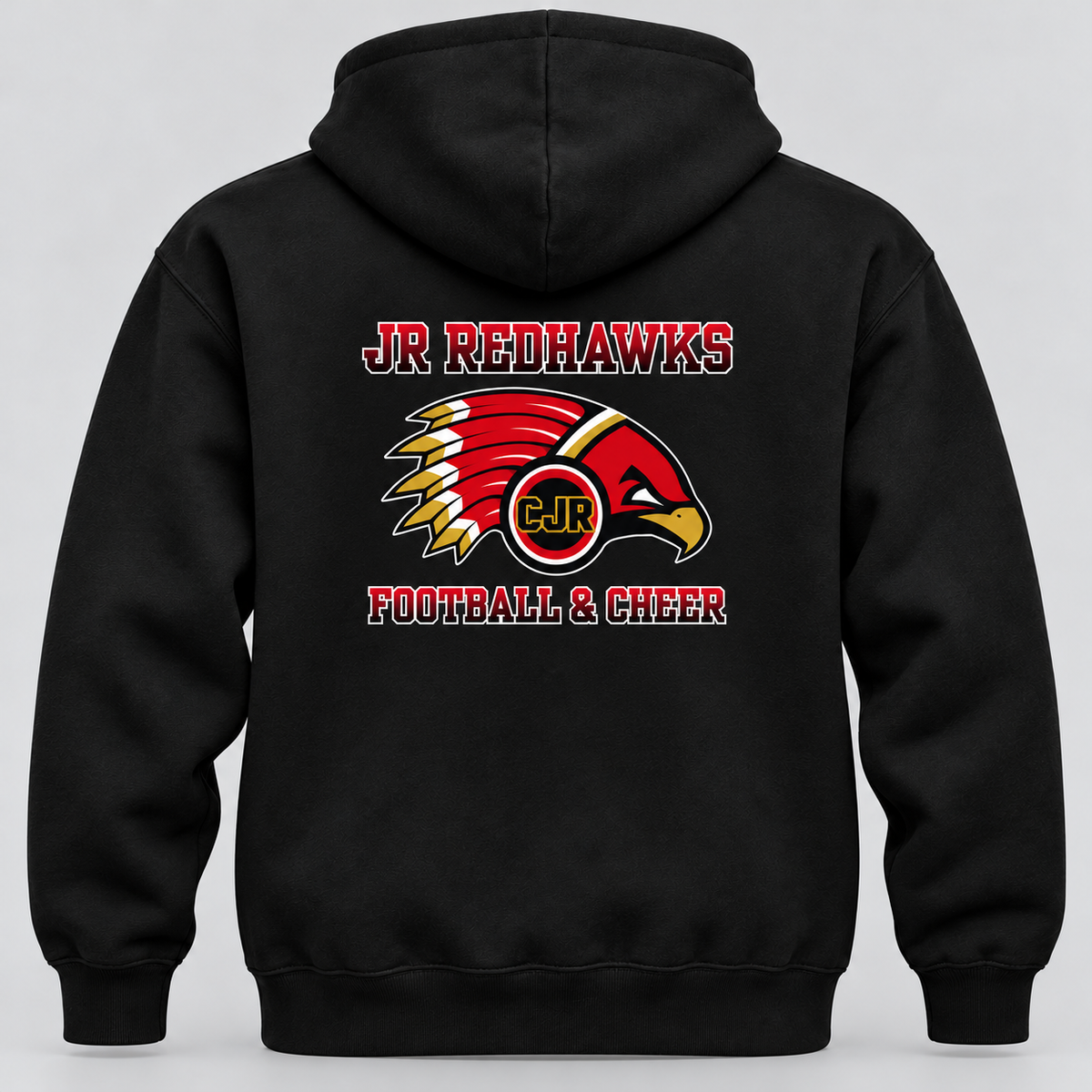 Back of black CJR hoodie with Jr. Redhawks hawk logo and Football & Cheer lettering