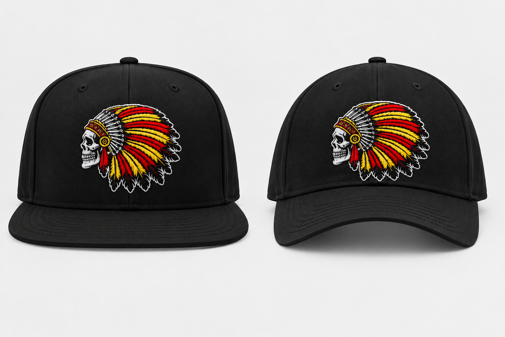 Black Calaveras Youth Wrestling hats with embroidered red and gold skull headdress design