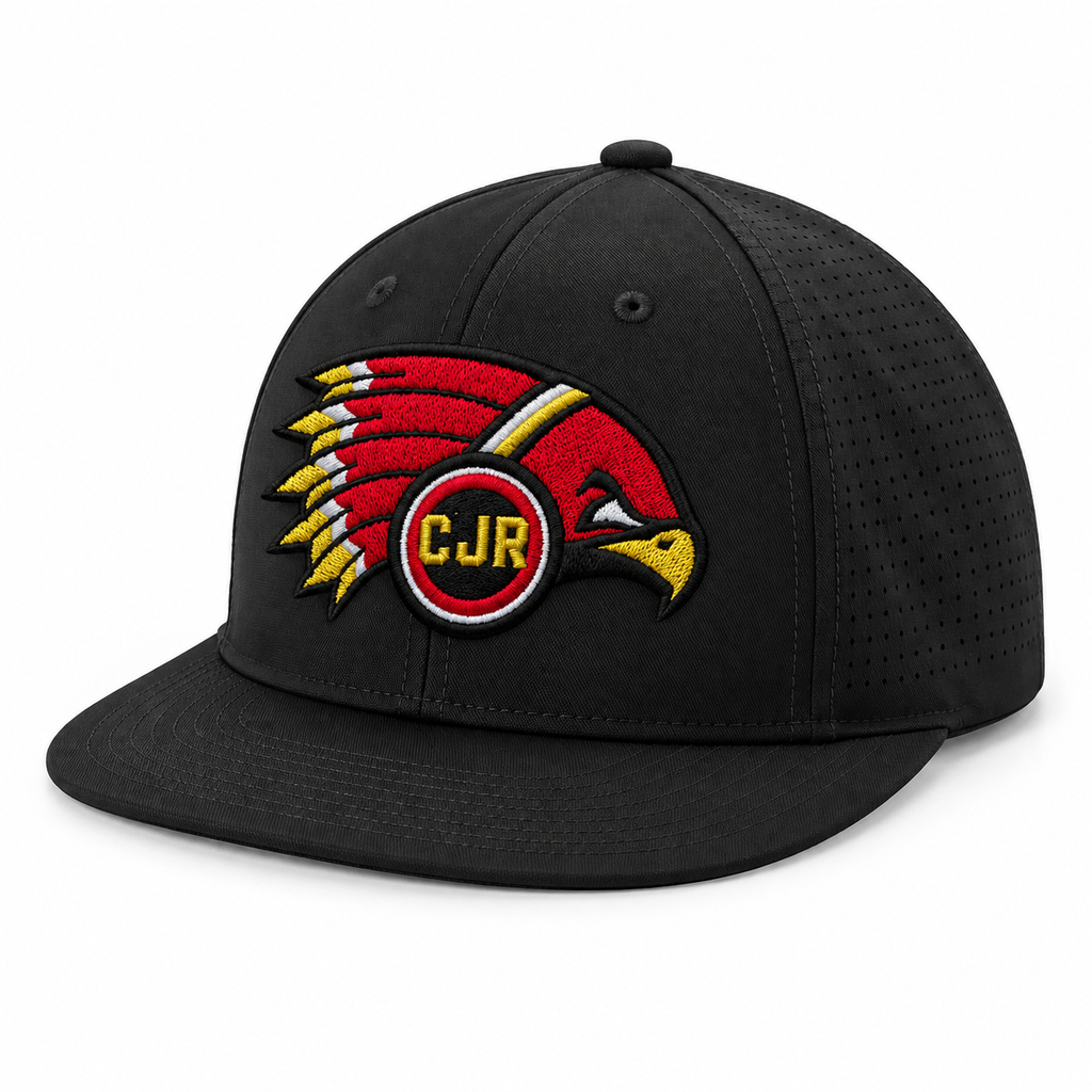 Black flat-bill hat mockup with raised CJR Redhawks embroidery and perforated side panels