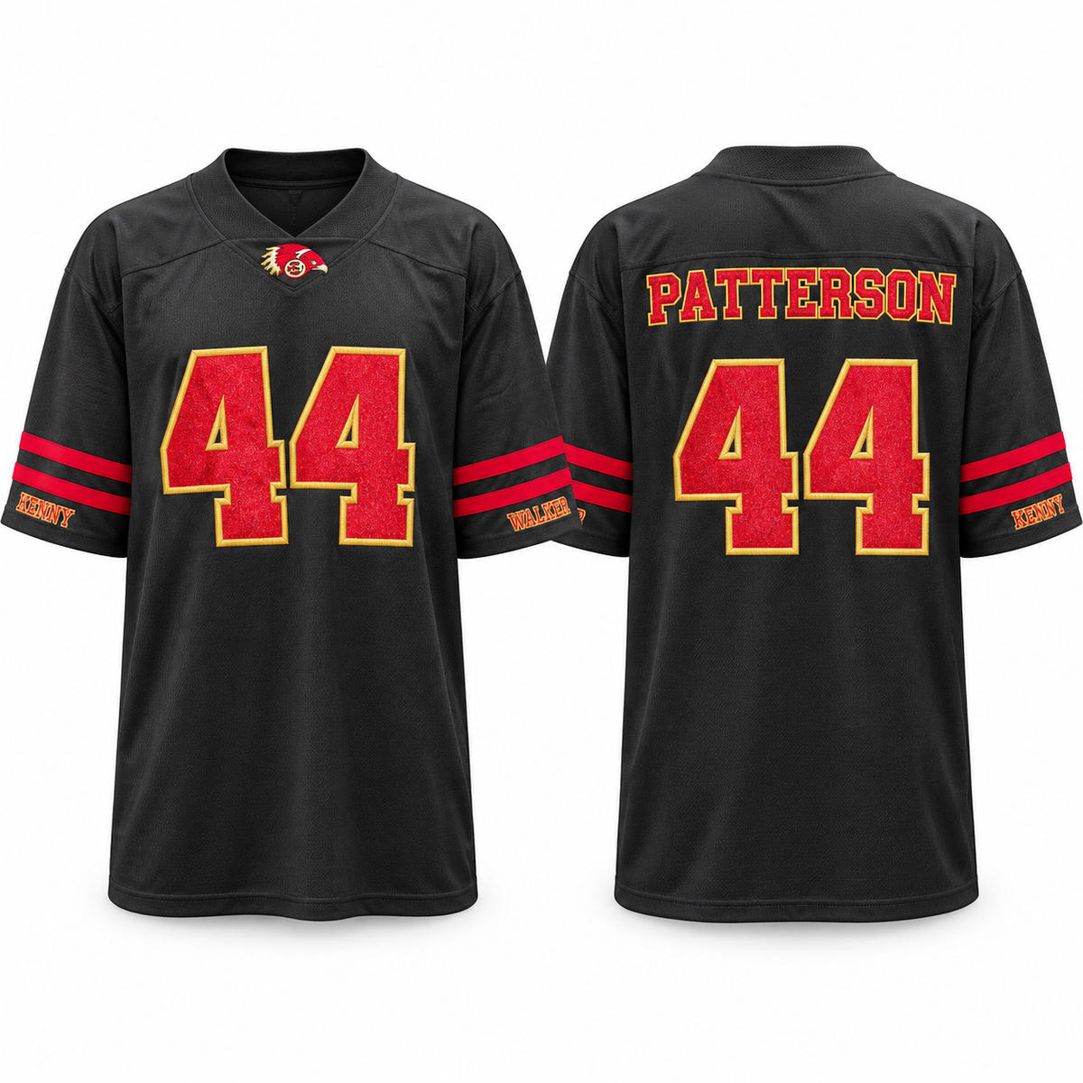 Front and back of black CJR custom jersey mockup with example name PATTERSON and number 44