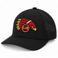 Black curved-bill hat mockup with raised CJR Redhawks embroidery and perforated side panels