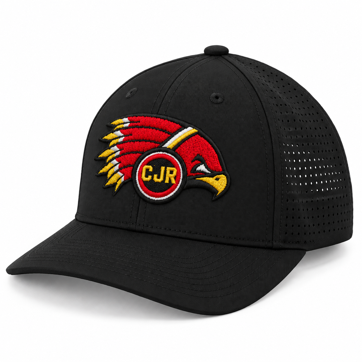Black curved-bill hat mockup with raised CJR Redhawks embroidery and perforated side panels