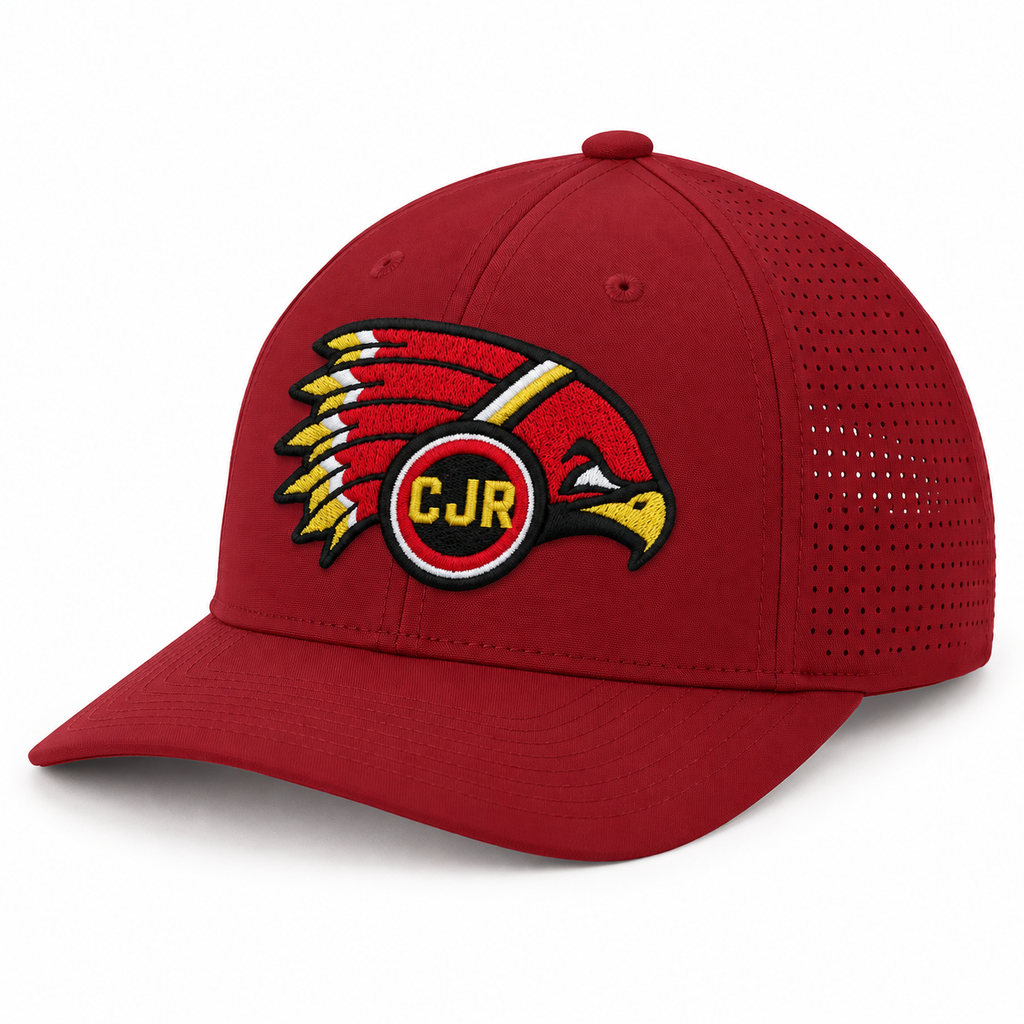 Red curved-bill hat mockup with raised CJR Redhawks embroidery and perforated side panels