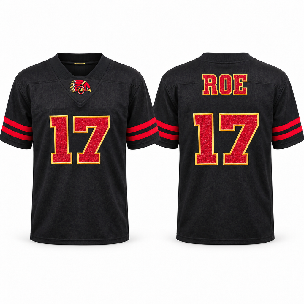 Front and back of black CJR custom jersey mockup with example name ROE and number 17