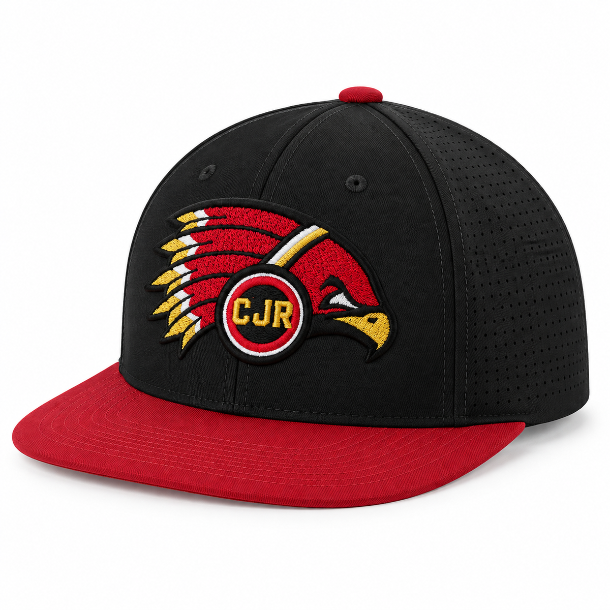 Black hat with red flat bill, raised CJR Redhawks embroidery, and perforated side panels