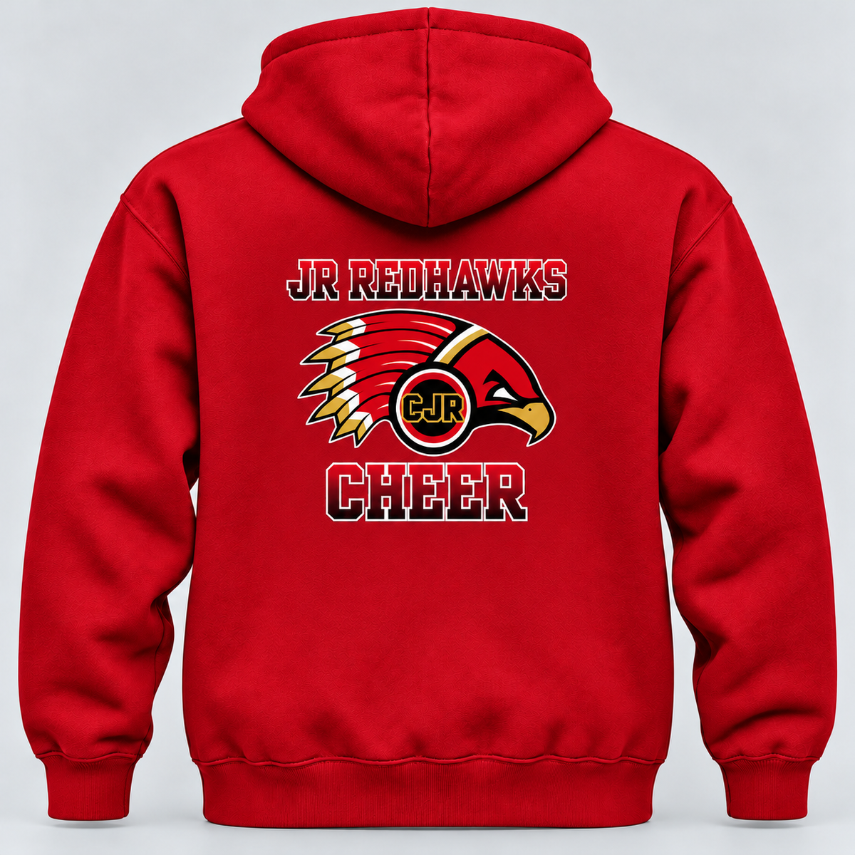 Back of red CJR hoodie with Jr. Redhawks hawk logo and Cheer lettering