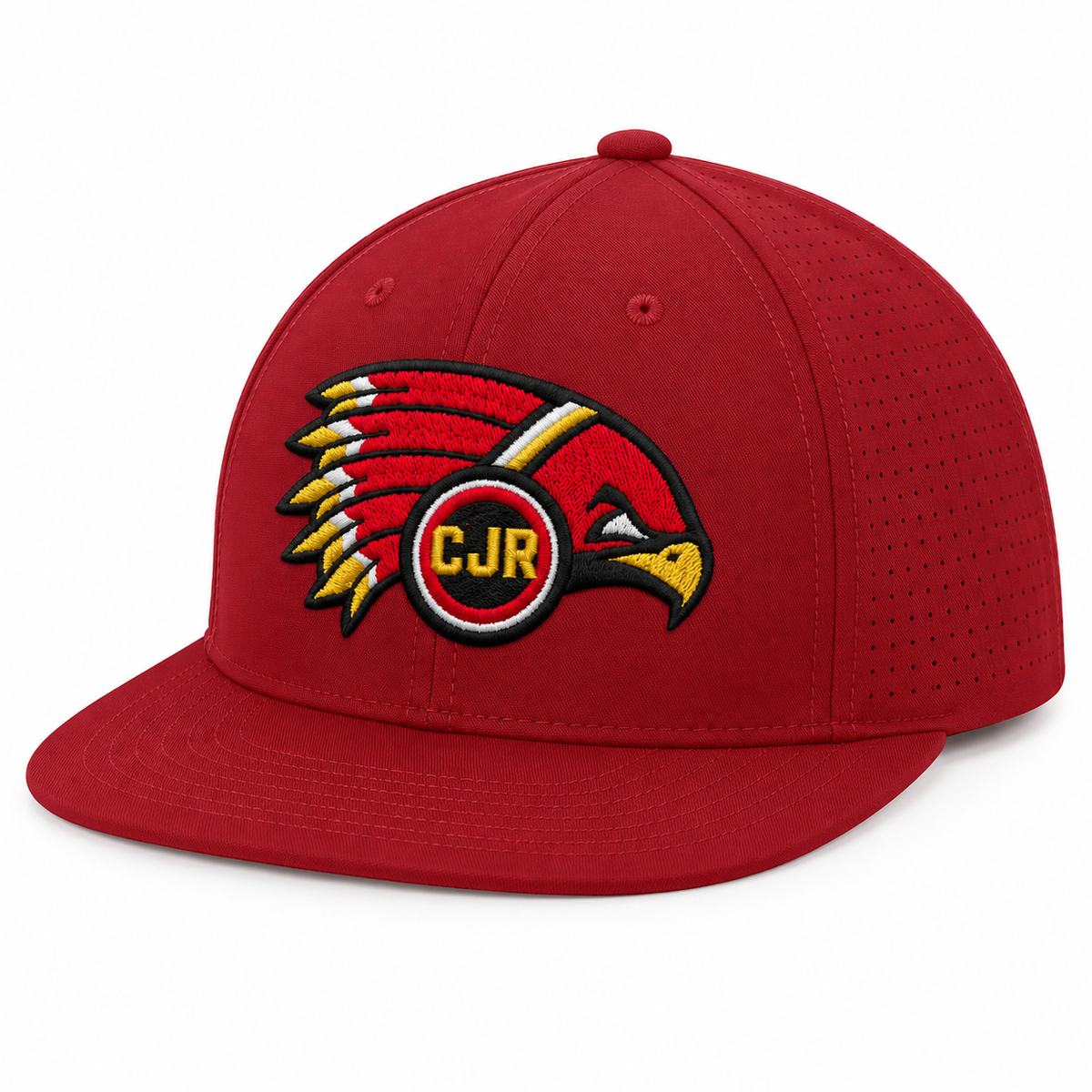 Red flat-bill hat mockup with raised CJR Redhawks embroidery and perforated side panels