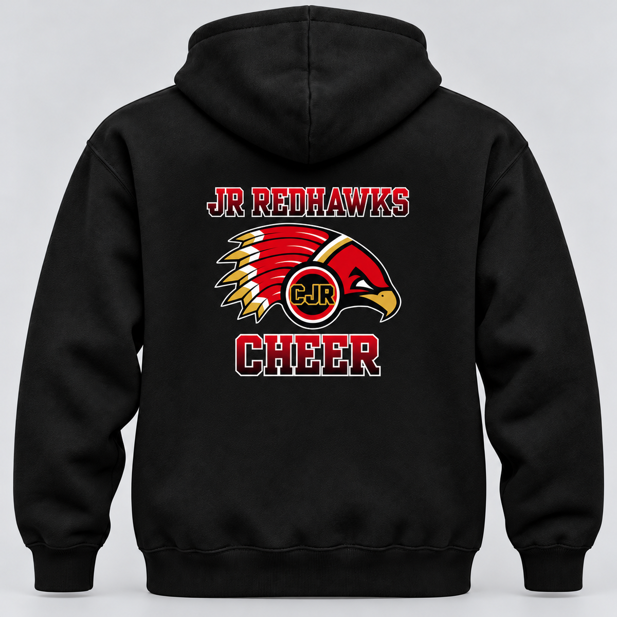 Back of black CJR hoodie with Jr. Redhawks hawk logo and Cheer lettering