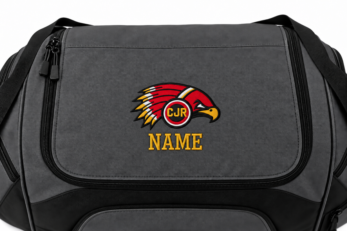 Black and gray CJR gear bag mockup with Redhawks logo and NAME personalization on the top flap