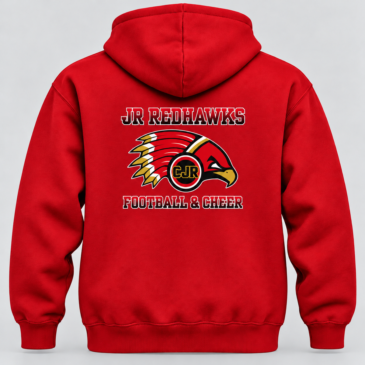Back of red CJR hoodie with Jr. Redhawks hawk logo and Football & Cheer lettering