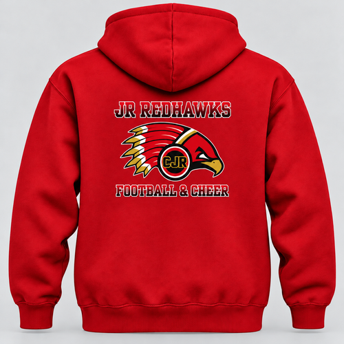 Back of red CJR hoodie with Jr. Redhawks hawk logo and Football & Cheer lettering