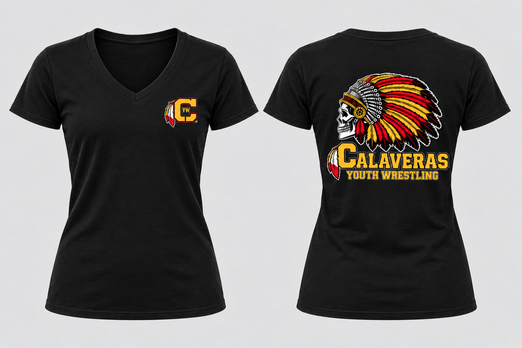 Front and back of black women’s Calaveras Youth Wrestling V-neck shirt with CYW chest logo and skull headdress back design