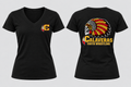 Front and back of black women’s Calaveras Youth Wrestling V-neck shirt with CYW chest logo and skull headdress back design