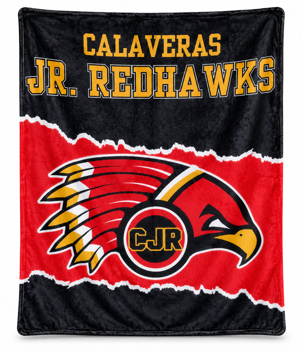 Style 2 Calaveras Jr. Redhawks blanket with gold lettering and large CJR hawk logo on a red band