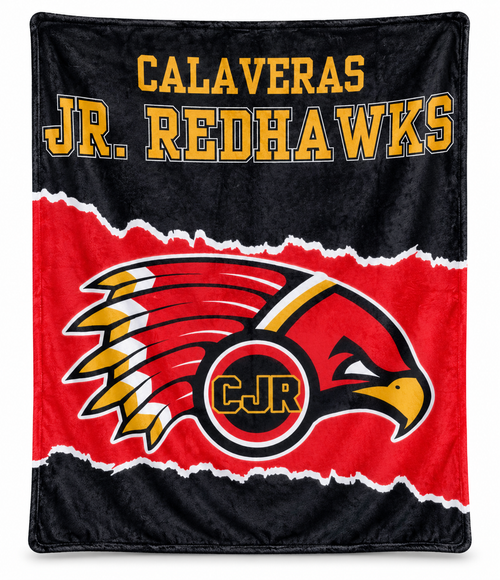 Style 2 Calaveras Jr. Redhawks blanket with gold lettering and large CJR hawk logo on a red band
