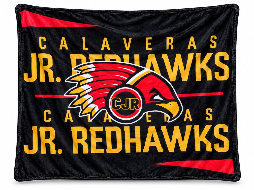 Style 1 Calaveras Jr. Redhawks blanket with repeated gold lettering, CJR hawk logo, and red accents on black