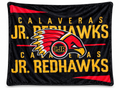 Style 1 Calaveras Jr. Redhawks blanket with repeated gold lettering, CJR hawk logo, and red accents on black