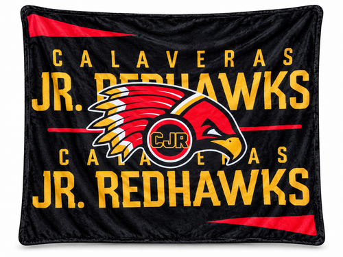 Style 1 Calaveras Jr. Redhawks blanket with repeated gold lettering, CJR hawk logo, and red accents on black