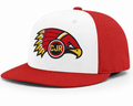 CJR flat embroidered Richardson PTS30 hat with white front, red bill and red back panels