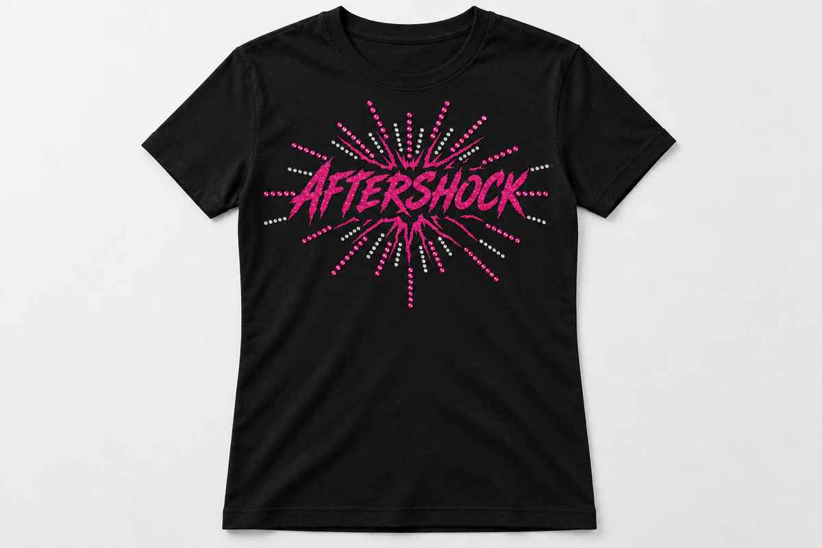 Black CIA Aftershock team T-shirt with pink and crystal rhinestone design