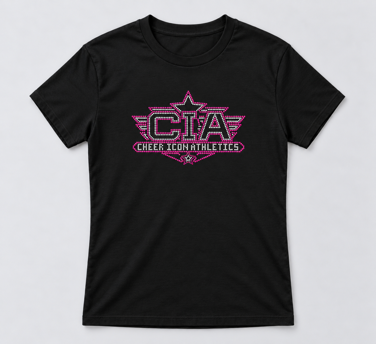 Black Cheer Icon Athletics T-shirt with pink and crystal rhinestone CIA logo and stars